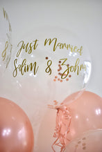 Load image into Gallery viewer, Just Married/engaged Personalized 24" Bubble w/ 8 Rose Gold confetti latex balloon bouquet gift
