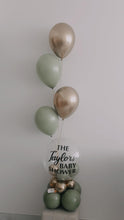 Load image into Gallery viewer, Personalized Baby Shower Table Décor with Sage Green and Chrome Gold.