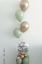Load image into Gallery viewer, Personalized Baby Shower Table Décor with Sage Green and Chrome Gold.
