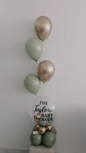 Load image into Gallery viewer, Personalized Baby Shower Table Décor with Sage Green and Chrome Gold.