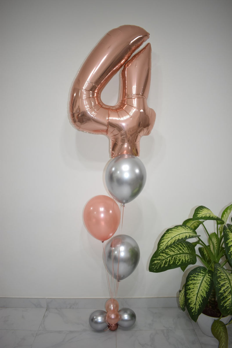 Single Rose Gold Number with 3 Latex Balloons Yalla Balloons