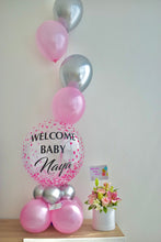 Load image into Gallery viewer, Welcome Baby Personalized Confetti Print Bubble Table Decor with 4 Latex Balloons